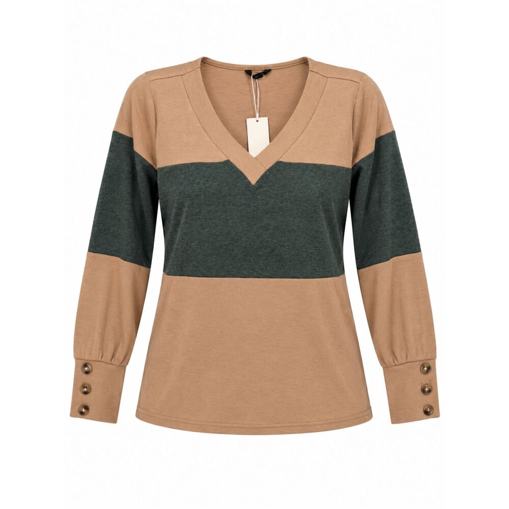 Camel Green Colorblock V Neck Button Cuff Long Sleeve Top Coquette Cottagecore